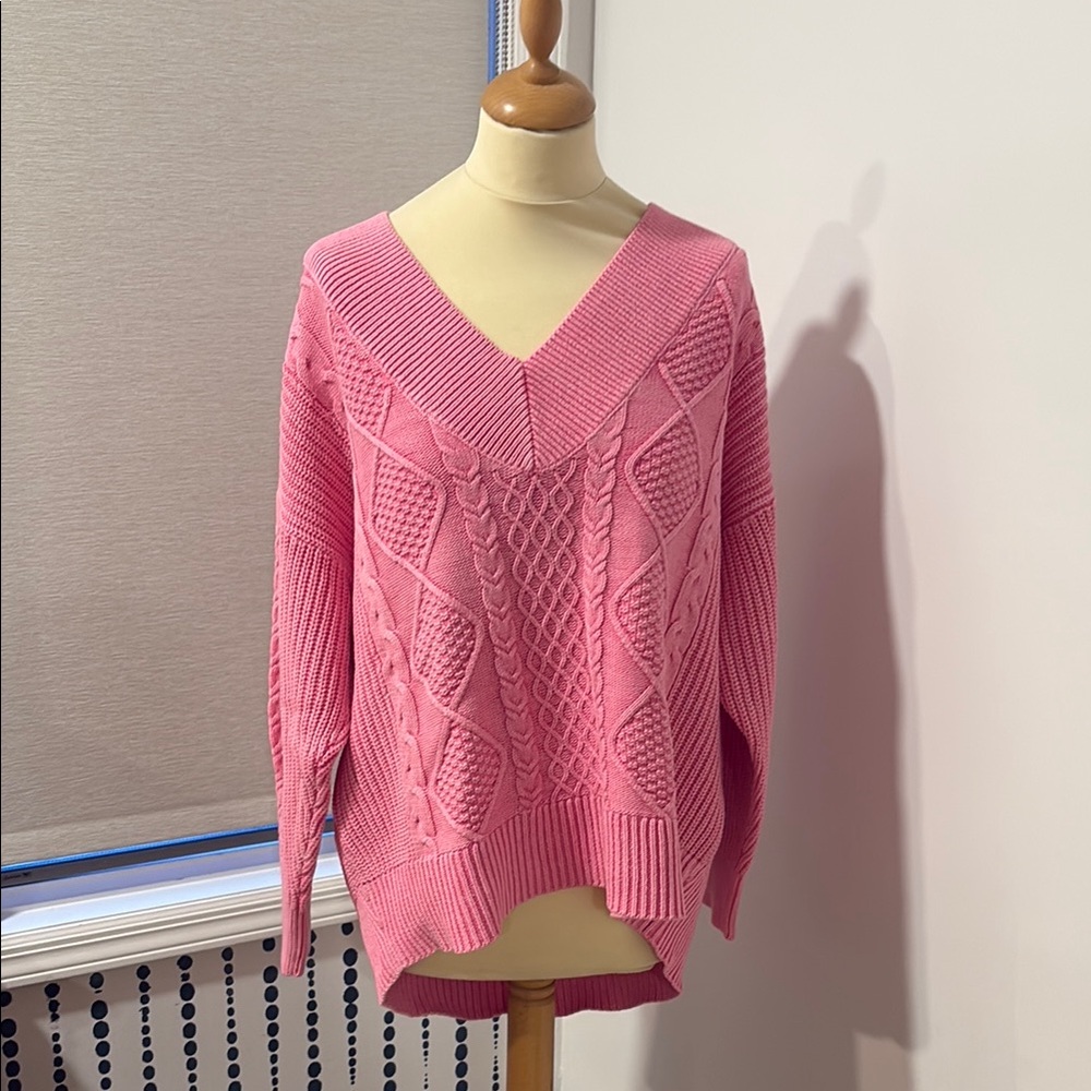 Pink Cable Knit V-Neck Sweater